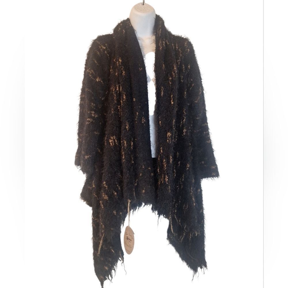 La Bottega di Brunella black/brown fuzzy, furry long sleeve asymetric cardigan